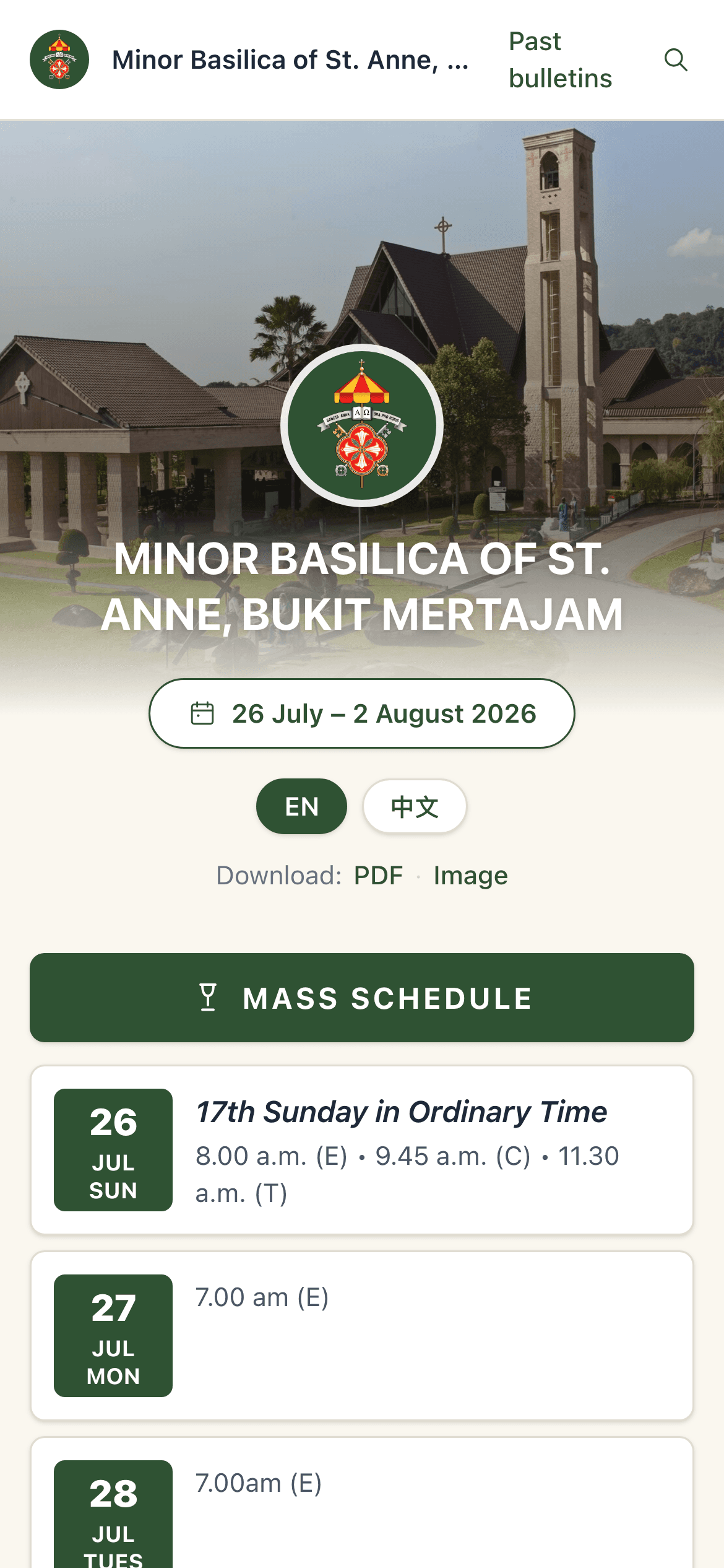 The same bulletin viewed on a phone: the parish crest and photo, the week's dates, an English/Chinese language toggle, PDF and image download links, and the mass schedule in large tappable cards.