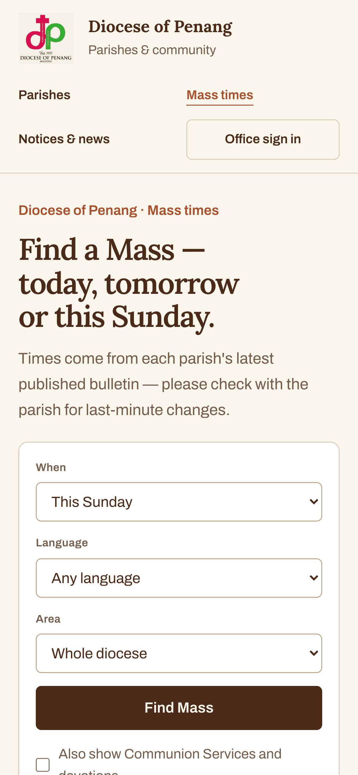 The diocese Mass-times finder on a phone: day, language and area chosen, with Sunday Masses listed by parish.