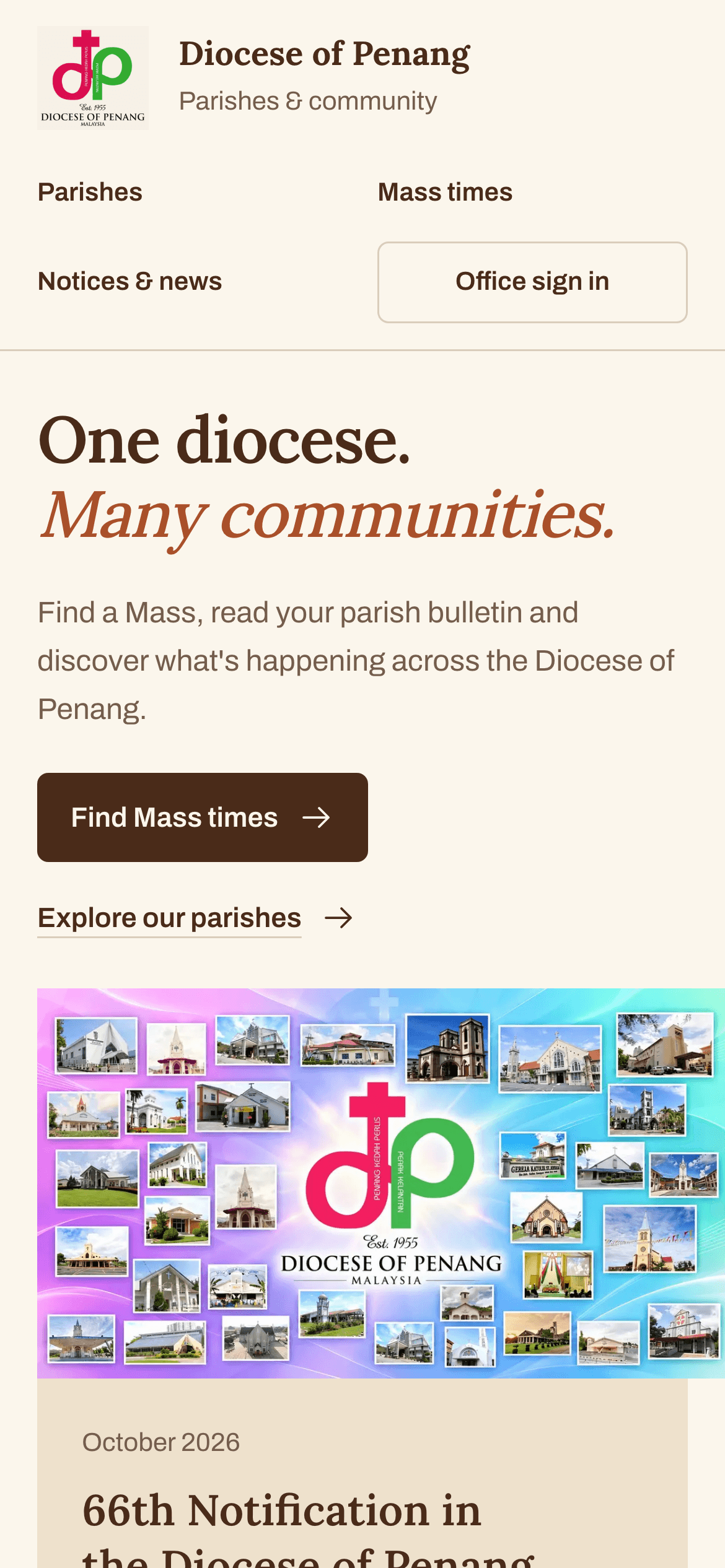 A diocese site on a phone: the parish directory and the bishop's latest notice.