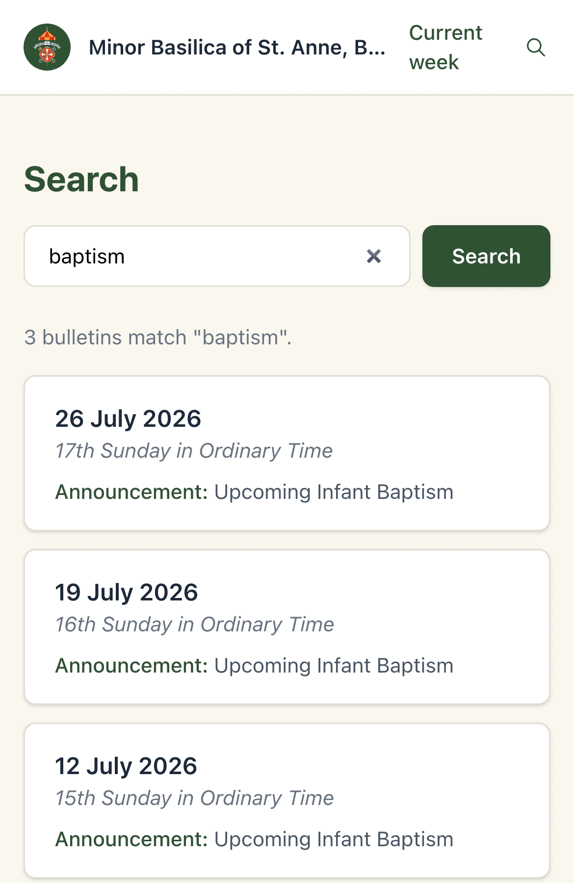 Searching the bulletins for 'baptism' on a phone: three bulletins match, each showing the date, the Sunday, and the announcement that matched.
