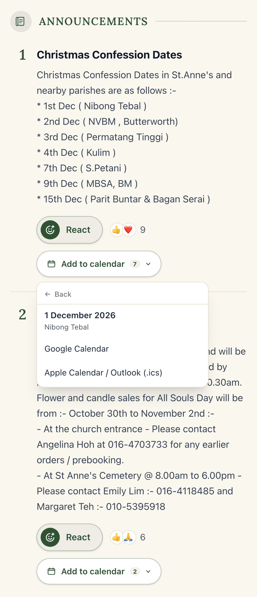 A real parish notice on a phone with the Add to calendar menu open: 1 December 2026 at Nibong Tebal, with Google Calendar and Apple Calendar / Outlook options.