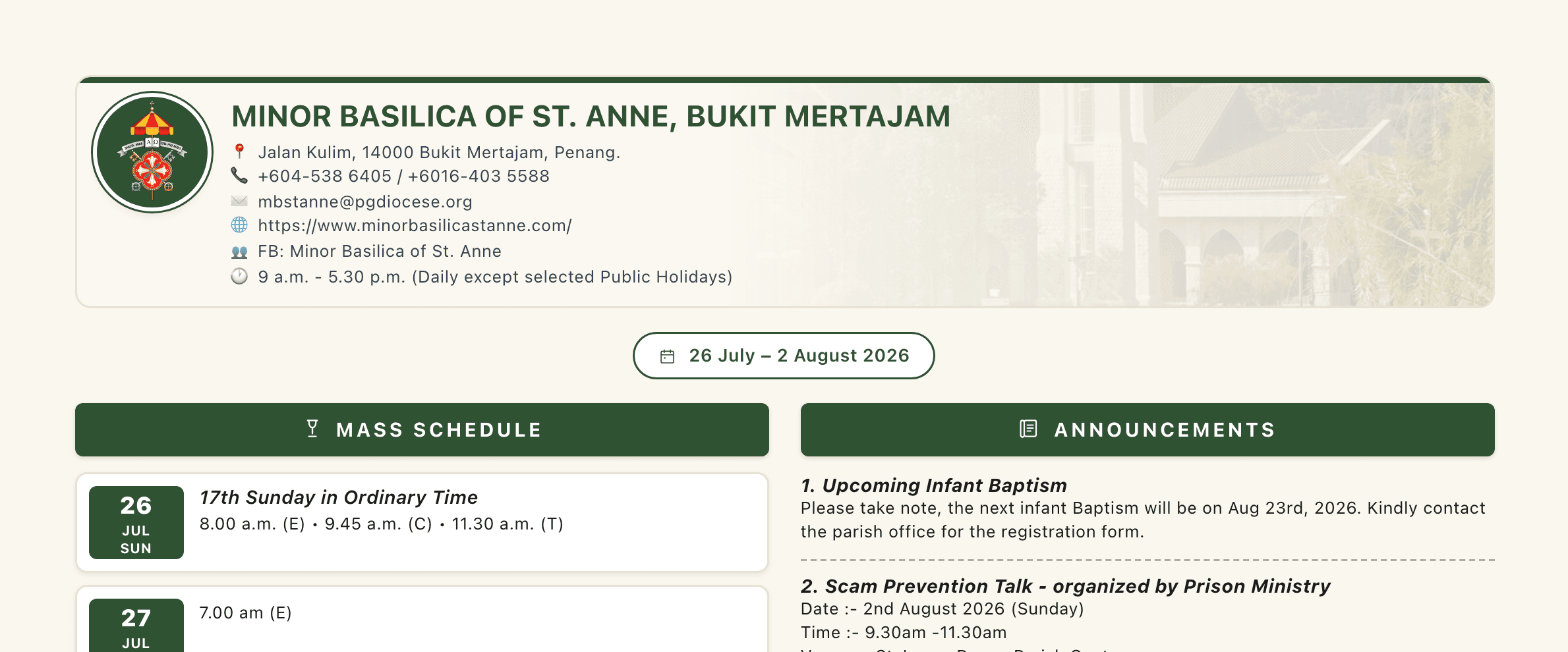 A real bulletin produced by Parish Bell: the parish crest and masthead, the week's dates, and the start of the seven-day mass schedule and numbered announcements.